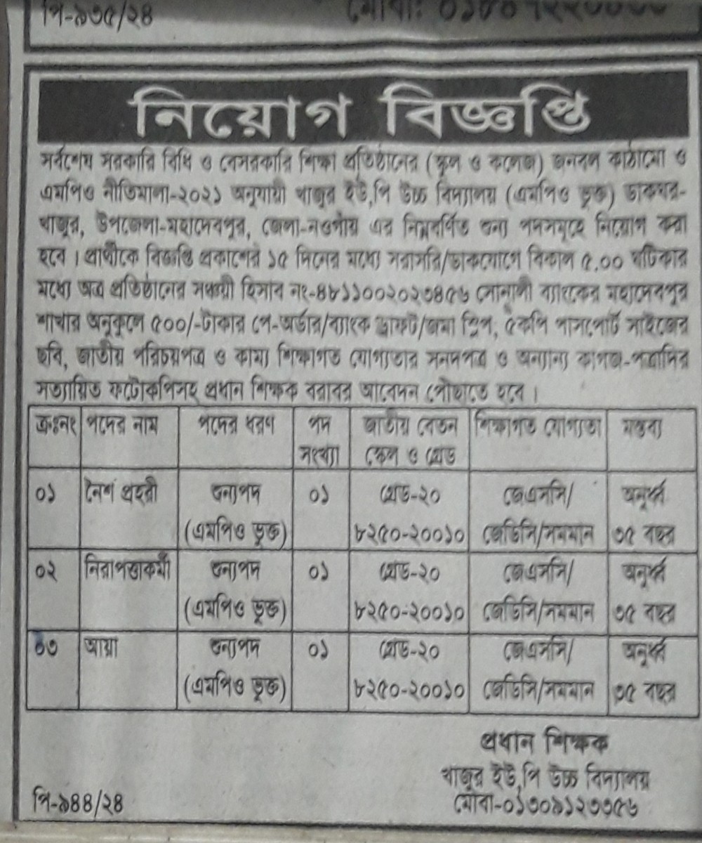 খাজুর ইউনিয়ন পরিষদ উচ্চ বিদ্যালয়ে কর্মচারী নিয়োগ বিজ্ঞপ্তি -২০২৪।